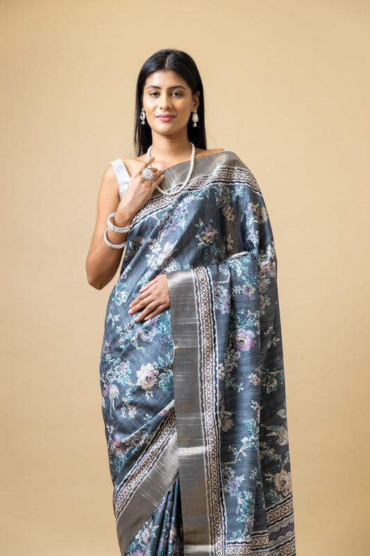 Bluish Grey Tussar Floral Print Saree With Unstitched Blouse