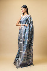 Bluish Grey Tussar Floral Print Saree With Unstitched Blouse