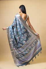 Bluish Grey Tussar Floral Print Saree With Unstitched Blouse