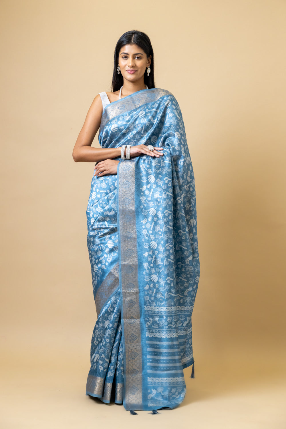 Bluish Grey Tussar Digital Print Saree With Unstitched Blouse