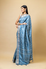 Bluish Grey Tussar Digital Print Saree With Unstitched Blouse