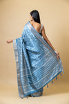 Bluish Grey Tussar Digital Print Saree With Unstitched Blouse