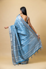 Bluish Grey Tussar Digital Print Saree With Unstitched Blouse