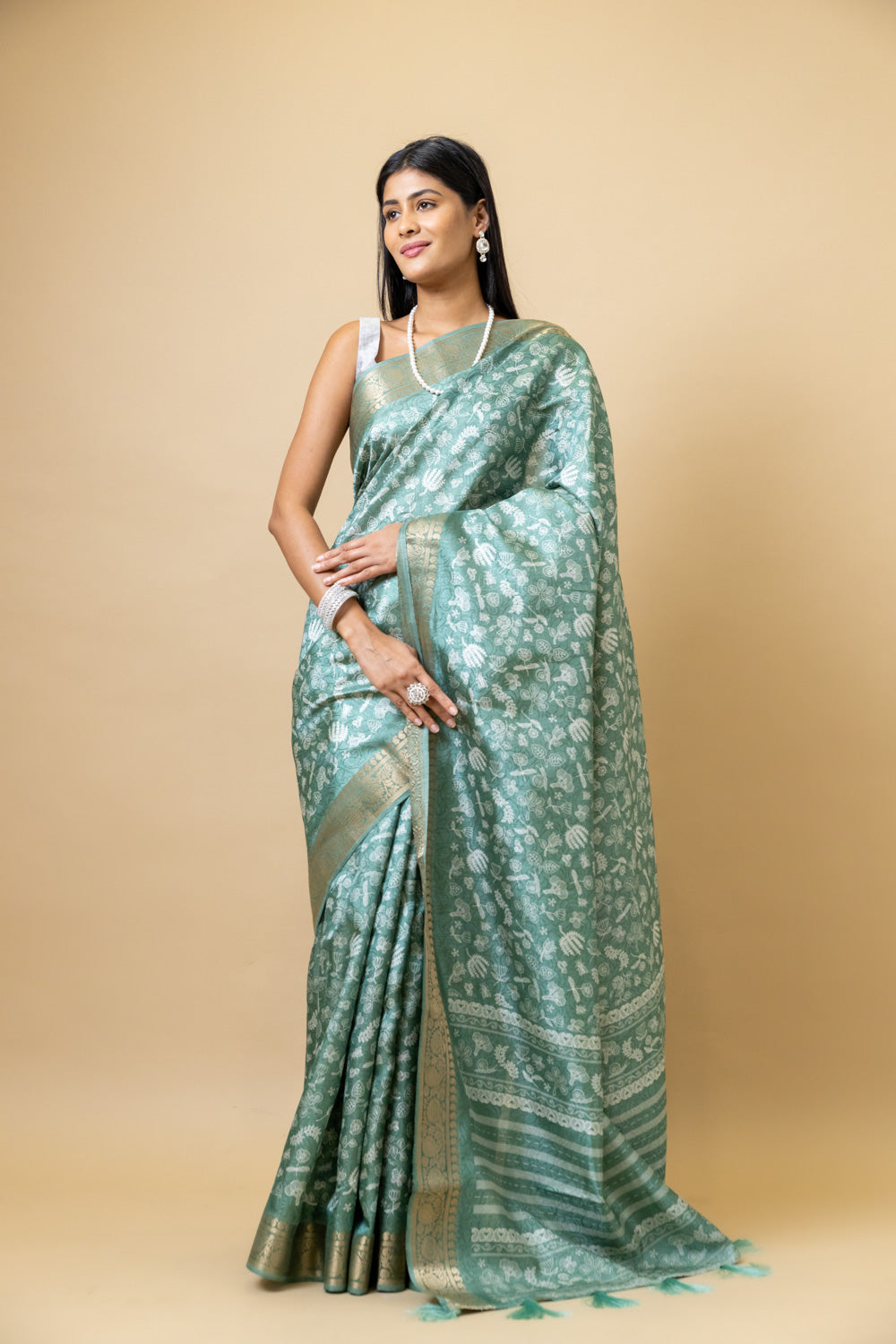 Mint Green Tussar Digital Print Saree With Unstitched Blouse