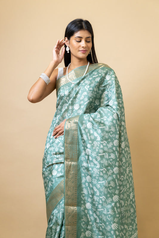 Mint Green Tussar Digital Print Saree With Unstitched Blouse