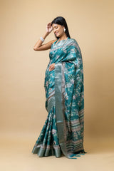 Rama Tussar Floral Print Saree With Unstitched Blouse