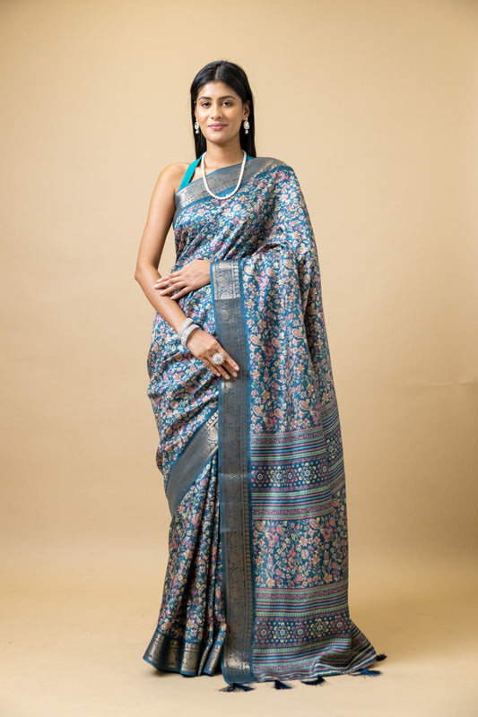 Peacock Tussar Floral Print Saree With Unstitched Blouse