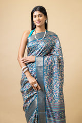 Peacock Tussar Floral Print Saree With Unstitched Blouse