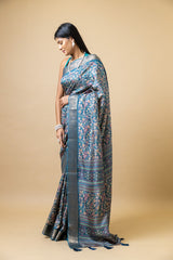 Peacock Tussar Floral Print Saree With Unstitched Blouse