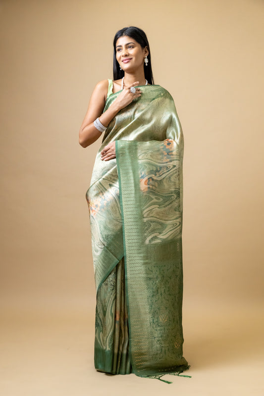 Pista Tussar Digital Print Saree With Unstitched Blouse