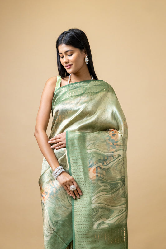 Pista Tussar Digital Print Saree With Unstitched Blouse