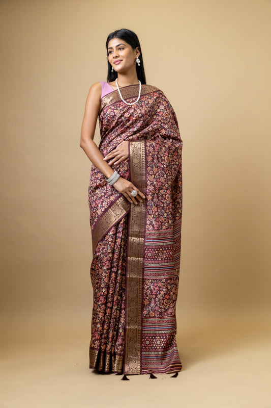 Garnet Tussar Floral Print Saree With Unstitched Blouse