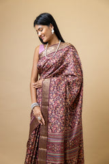 Garnet Tussar Floral Print Saree With Unstitched Blouse