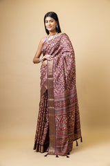 Garnet Tussar Floral Print Saree With Unstitched Blouse