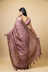 Garnet Tussar Floral Print Saree With Unstitched Blouse