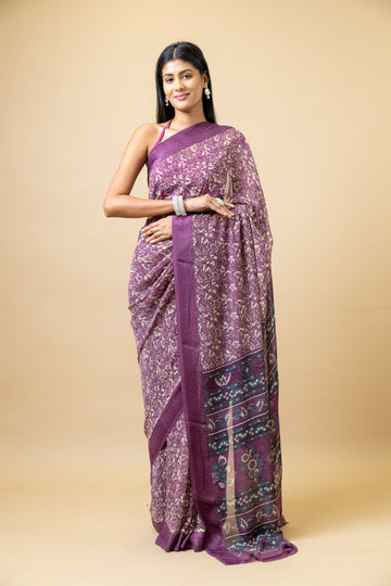 Mauve Georgette Floral Print Saree With Unstitched Blouse