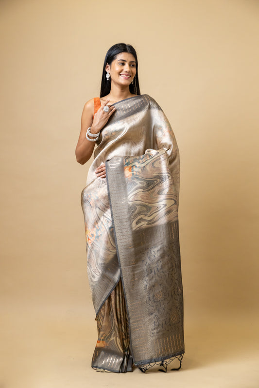 Grey Tussar Digital Print Saree With Unstitched Blouse