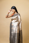 Grey Tussar Digital Print Saree With Unstitched Blouse