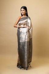 Grey Tussar Digital Print Saree With Unstitched Blouse