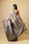 Grey Tussar Digital Print Saree With Unstitched Blouse