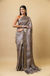 Grey Tussar Floral Print Saree With Unstitched Blouse