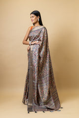 Grey Tussar Floral Print Saree With Unstitched Blouse