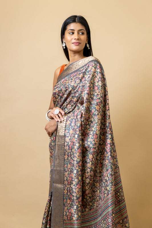 Grey Tussar Floral Print Saree With Unstitched Blouse