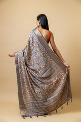 Grey Tussar Floral Print Saree With Unstitched Blouse