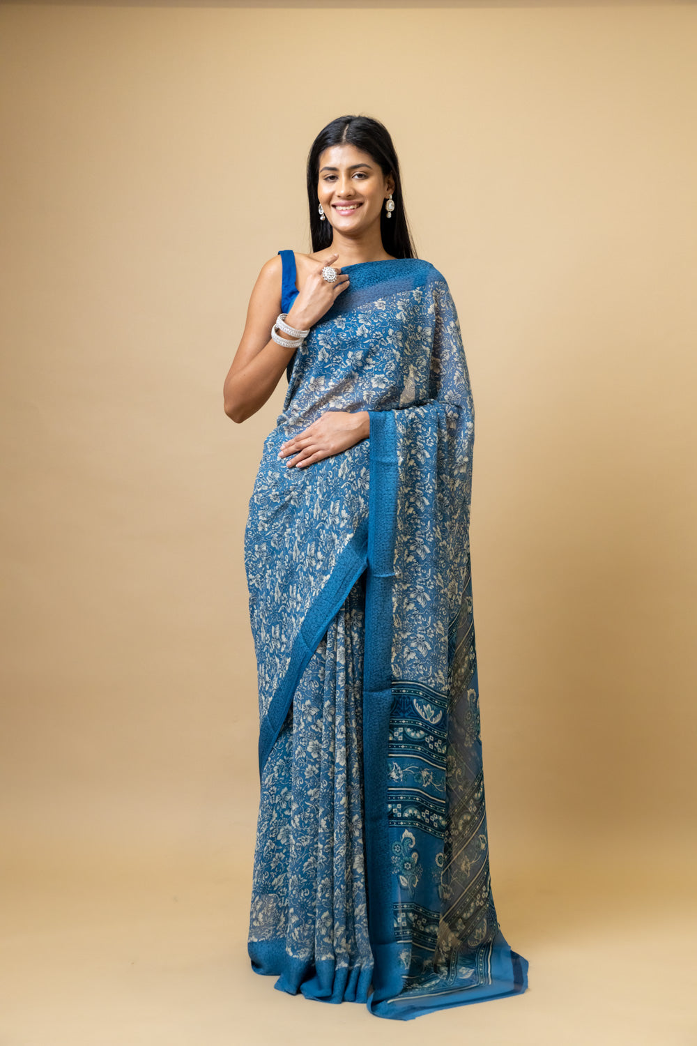 Bluish Grey Georgette Floral Print Saree With Unstitched Blouse