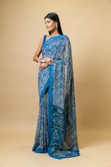 Bluish Grey Georgette Floral Print Saree With Unstitched Blouse