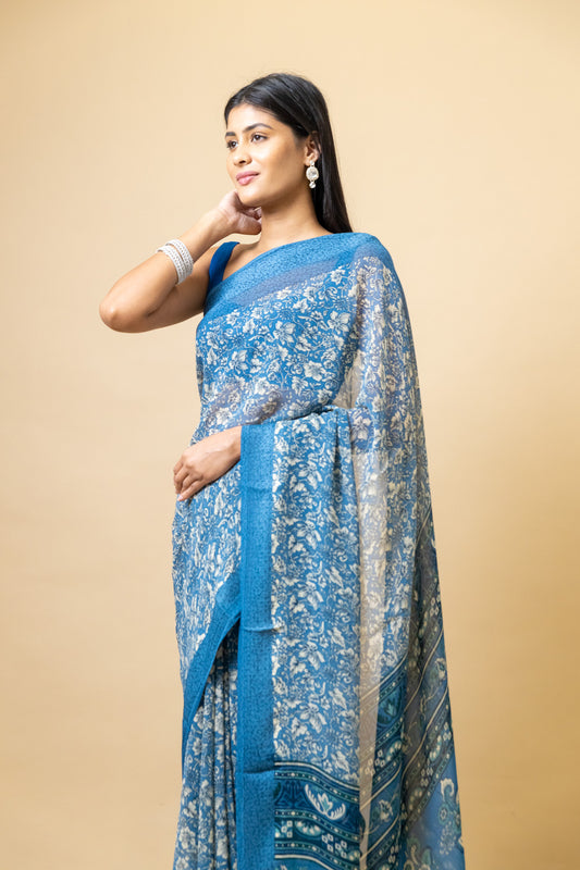 Bluish Grey Georgette Floral Print Saree With Unstitched Blouse