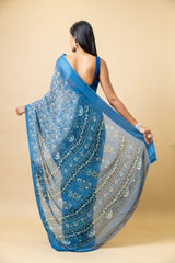 Bluish Grey Georgette Floral Print Saree With Unstitched Blouse