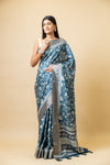 Bluish Grey Tussar Floral Print Saree With Zari Border With Unstitched Blouse