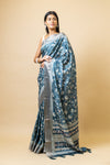 Bluish Grey Tussar Floral Print Saree With Zari Border With Unstitched Blouse