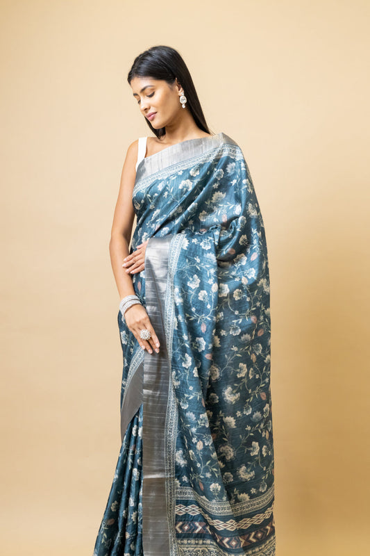 Bluish Grey Tussar Floral Print Saree With Zari Border With Unstitched Blouse