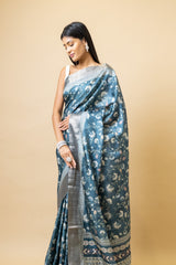 Bluish Grey Tussar Floral Print Saree With Zari Border With Unstitched Blouse