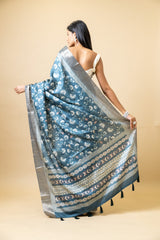 Bluish Grey Tussar Floral Print Saree With Zari Border With Unstitched Blouse