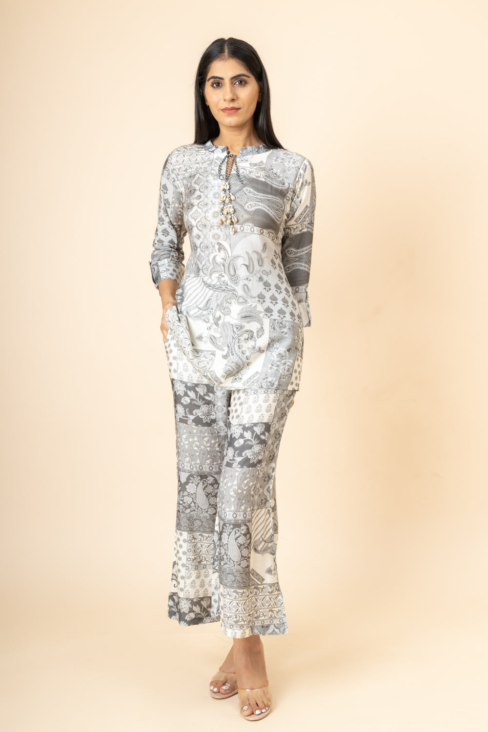 Off White Grey Digital Printed Muslin Co-Ord Set