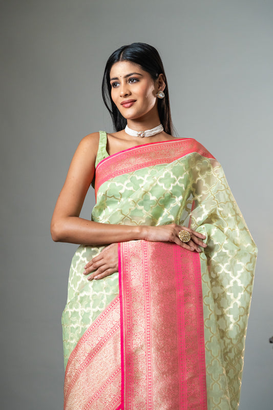 Sea Green Organza Woven Zari Saree With Unstitched Blouse