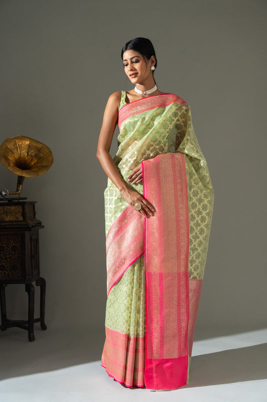 Sea Green Organza Woven Zari Saree With Unstitched Blouse