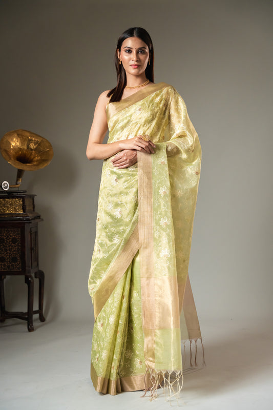 Pista Cotton Zari Border Saree With Unstitched Blouse