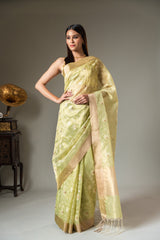 Pista Cotton Zari Border Saree With Unstitched Blouse