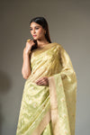 Pista Cotton Zari Border Saree With Unstitched Blouse