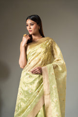 Pista Cotton Zari Border Saree With Unstitched Blouse