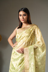 Pista Cotton Zari Border Saree With Unstitched Blouse