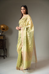 Pista Cotton Zari Border Saree With Unstitched Blouse