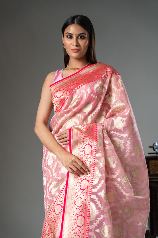 Pink Organza Banarasi Woven Zari Saree With Unstitched Blouse