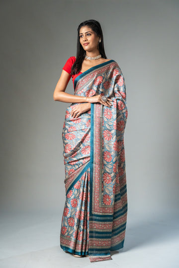 Blue Grey Cotton Digital Print Saree With Unstitched Blouse