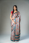 Blue Grey Cotton Digital Print Saree With Unstitched Blouse