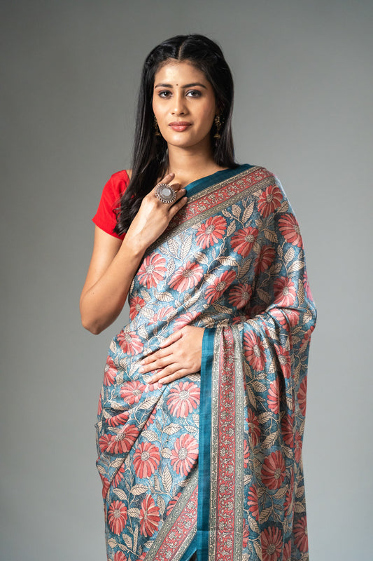 Blue Grey Cotton Digital Print Saree With Unstitched Blouse